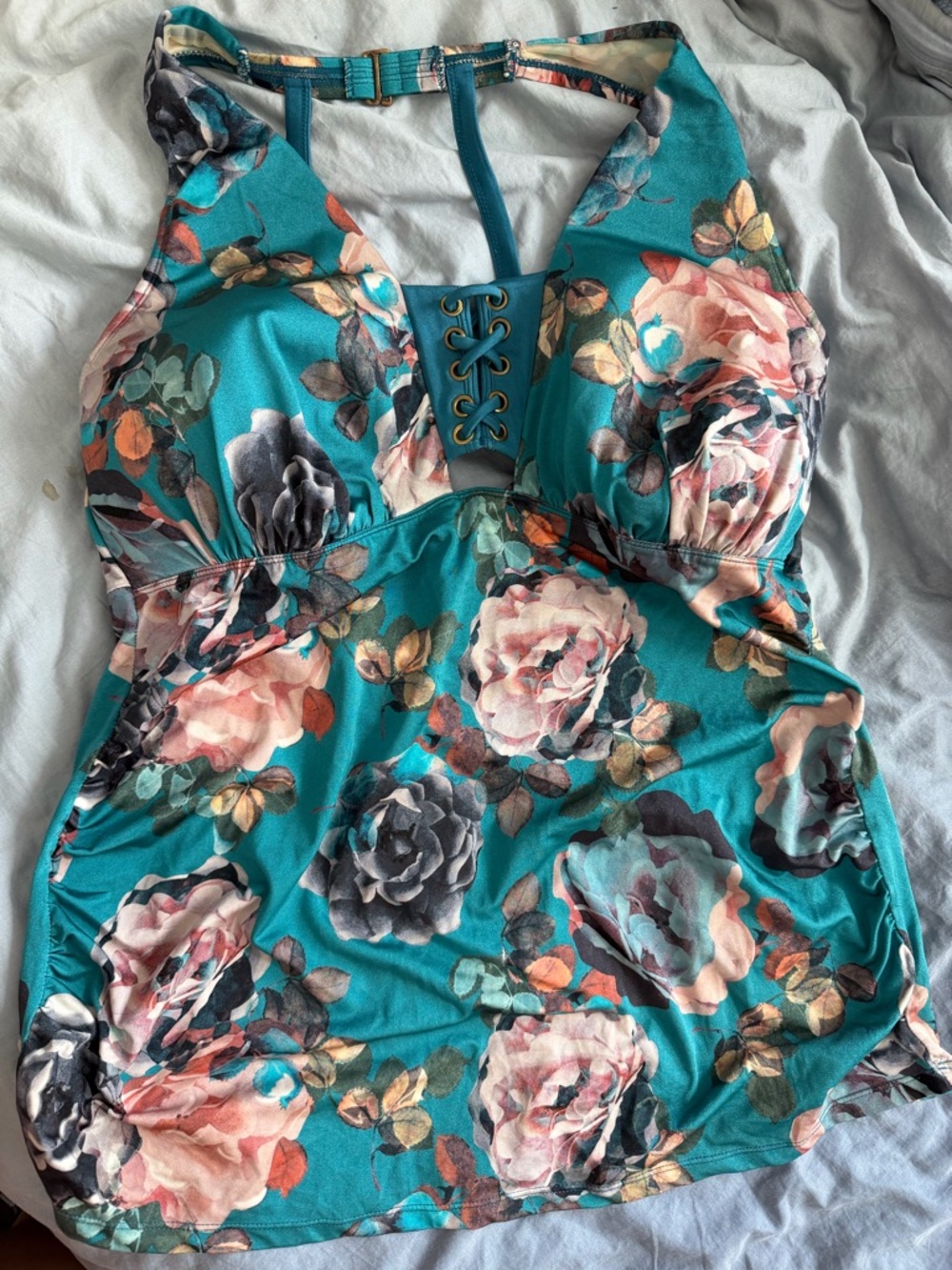Swim by Cacique Plus Size 24 Teal Floral Tankini Top Halter Sewn-In Molded Cups